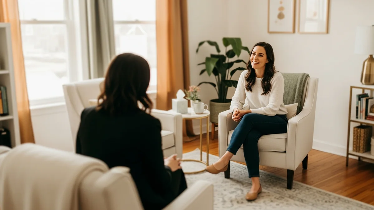 A therapy session in a warm, sunlit office