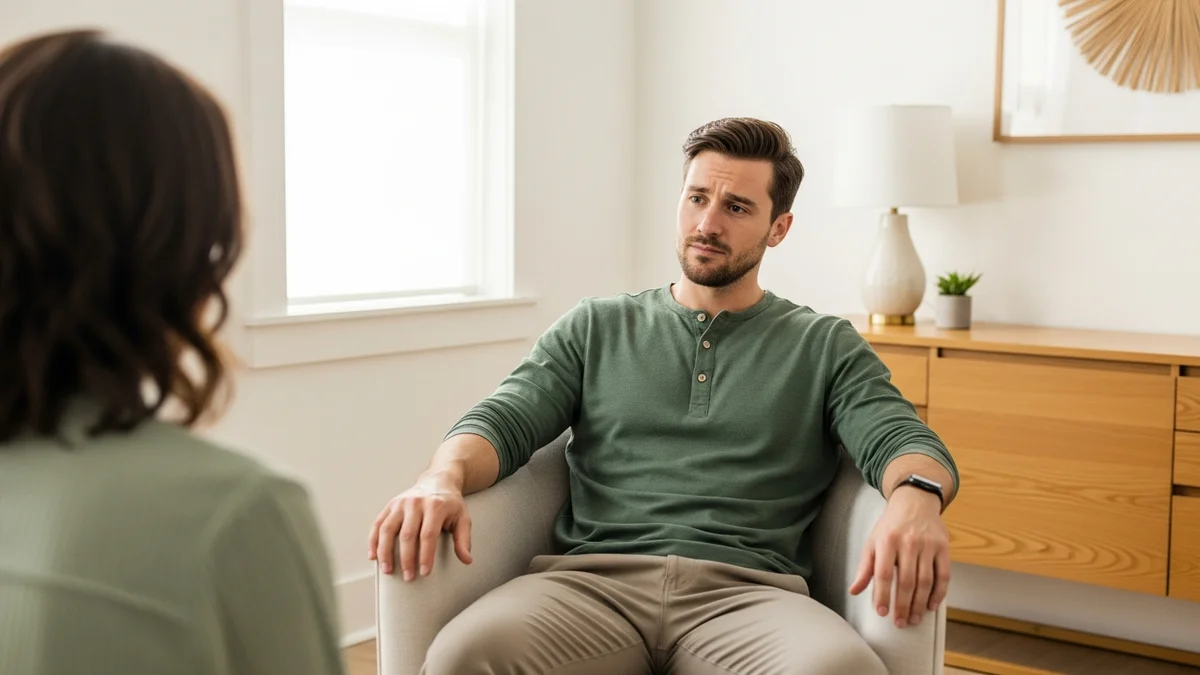 A man in thoughtful reflection during anger management therapy
