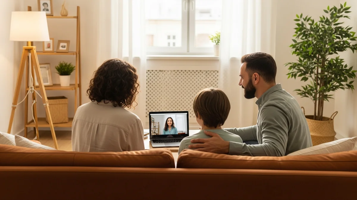 A family talking together in a warm, bright living room