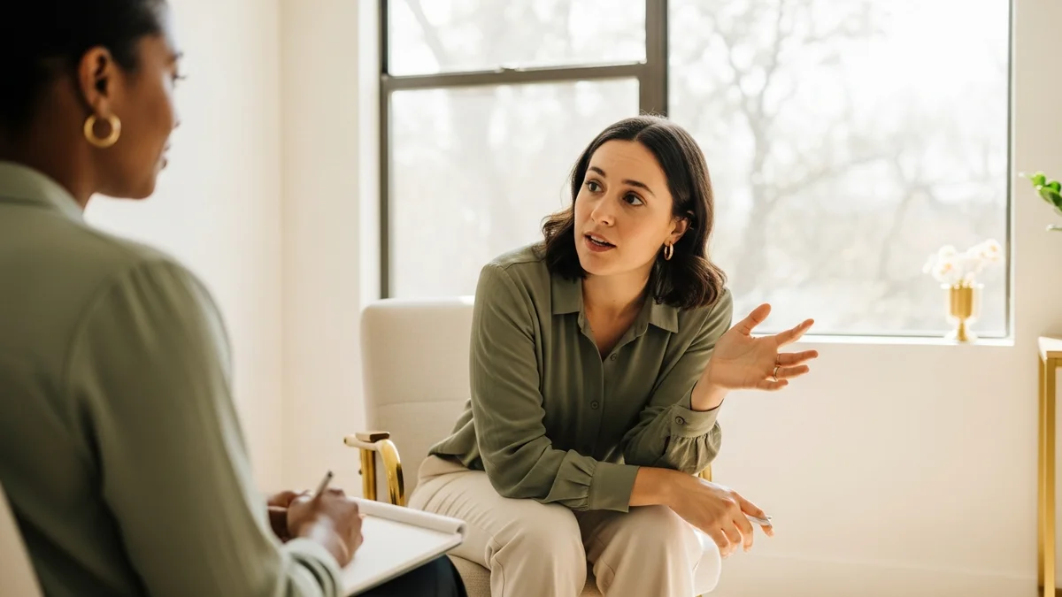 A person in conversation during a life transitions therapy session