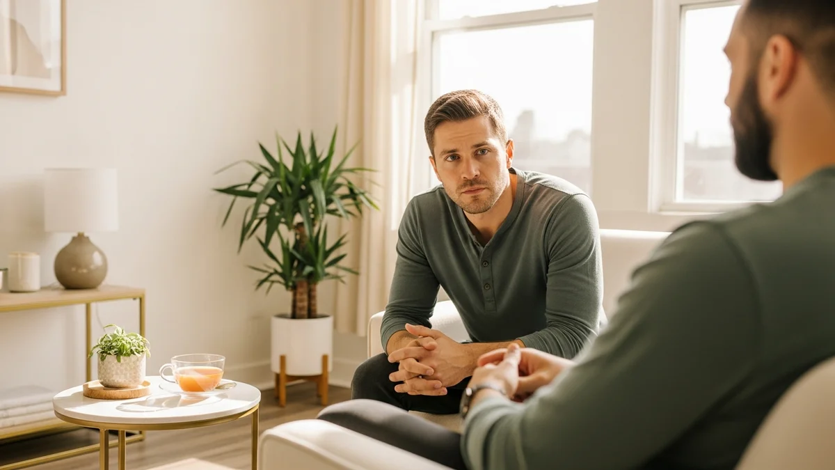 A man in a grounded therapy session with a male therapist