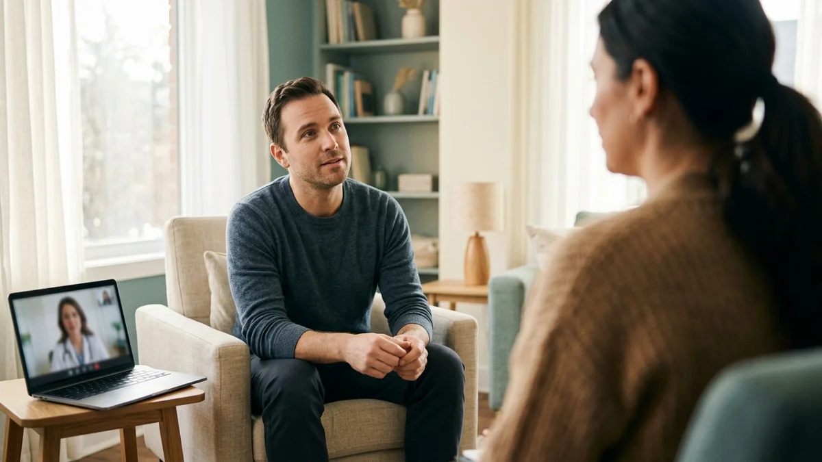 A client talks with a psychiatrist on a video call while his therapist sits with him in the counselling room