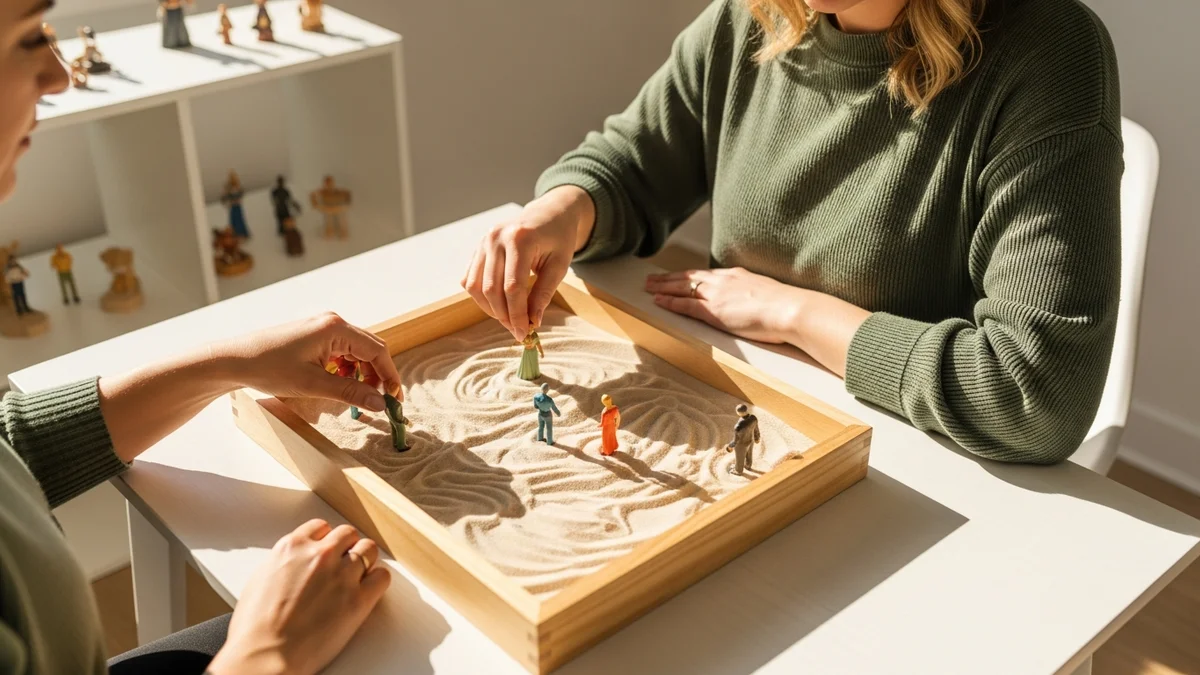 Hands arranging miniature figures in a sandtray therapy session