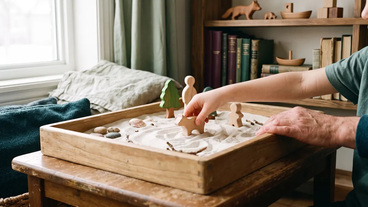 Hands arranging miniature figures in a sandtray therapy session
