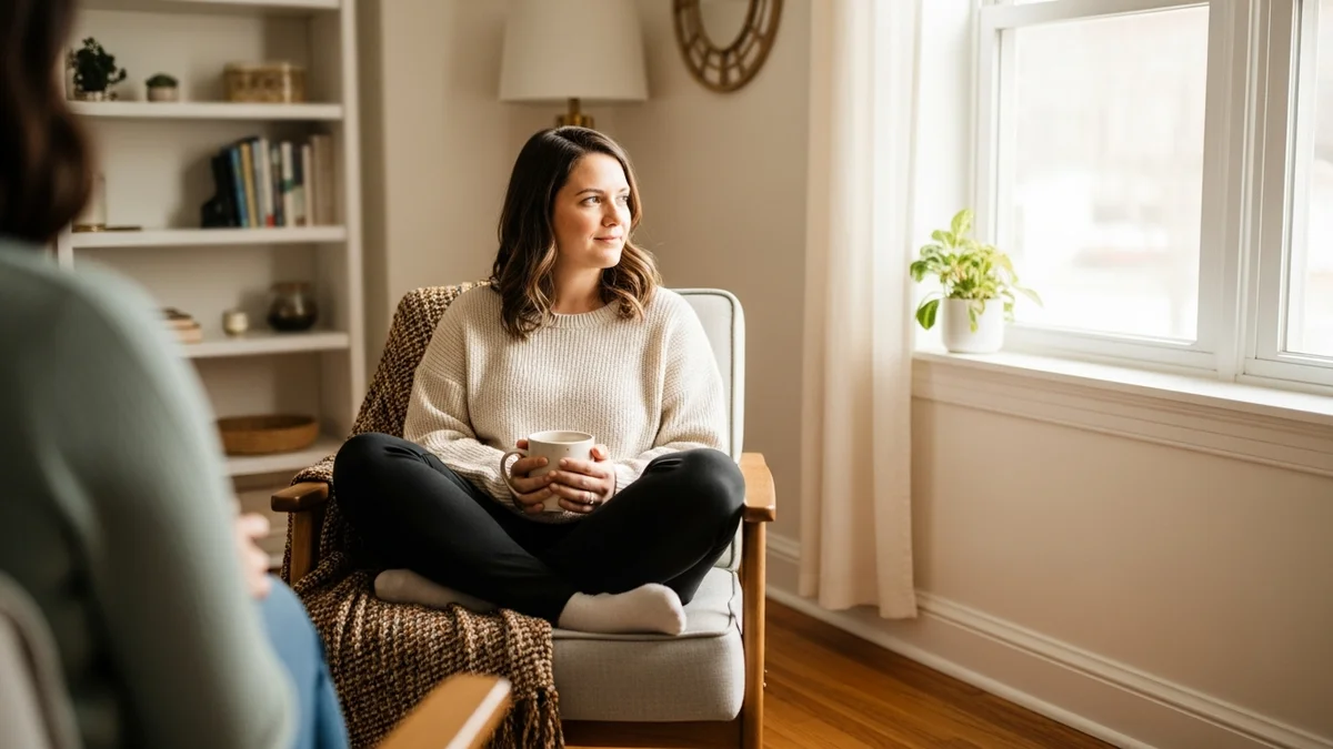 A woman sitting peacefully in a warm therapy office