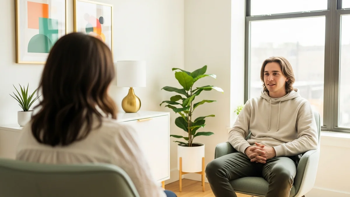 A young adult in a modern, approachable therapy setting