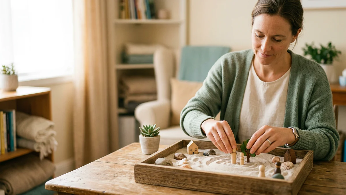 Hands arranging figurines in a sandtray therapy session in warm light