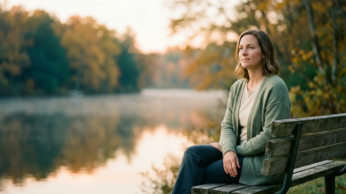 Woman sitting by a calm lake at dawn with golden morning light