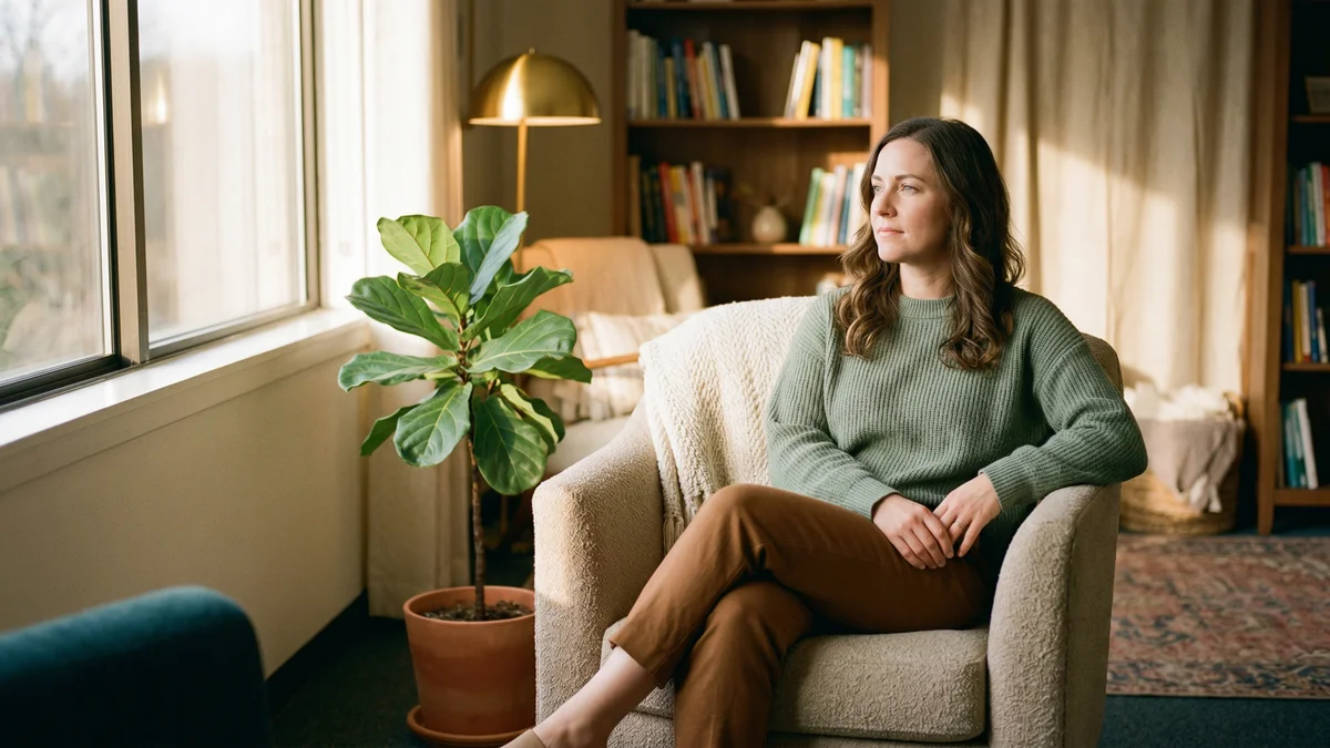 Person in a comfortable therapy armchair in a warm earth-toned room