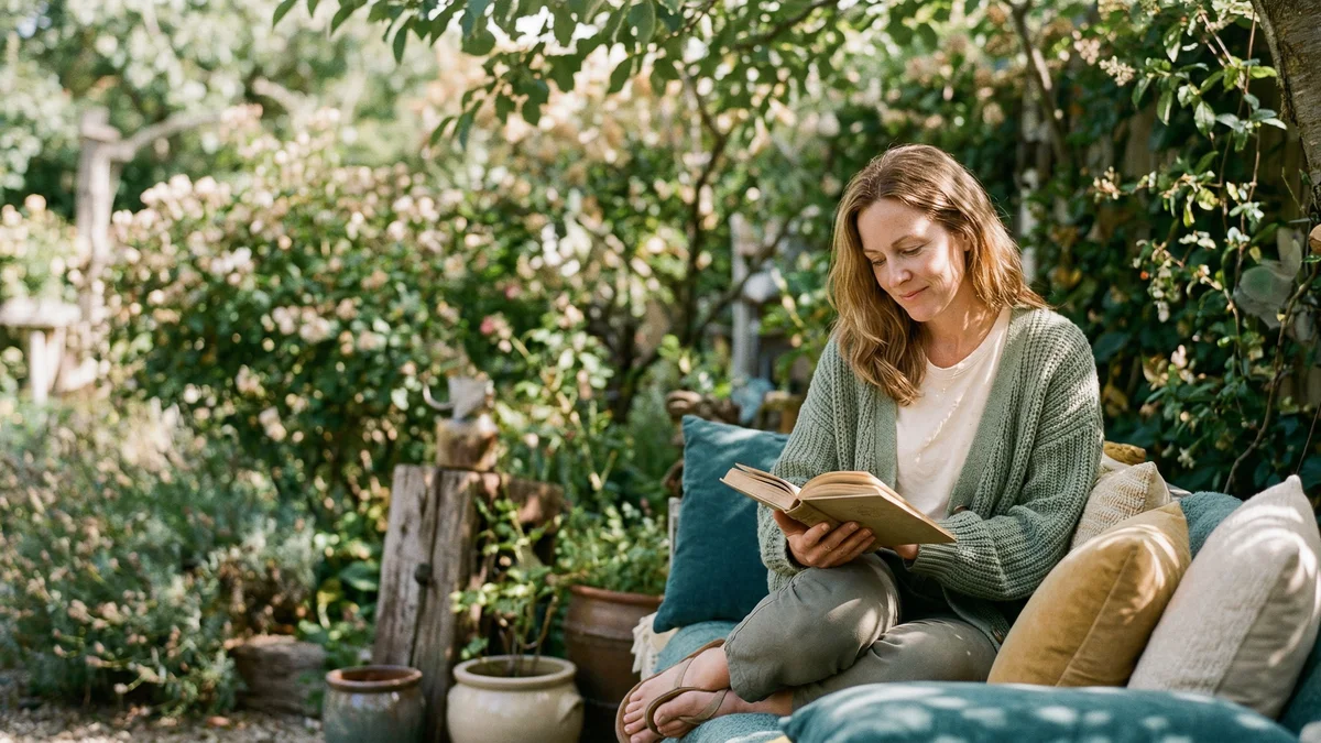 Person reading in a dappled garden nook with warm afternoon light
