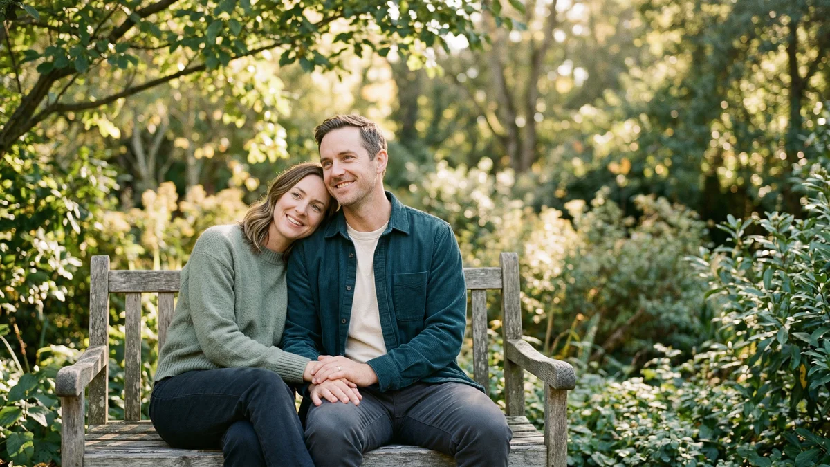 Couple sitting close together on a garden bench in warm afternoon light
