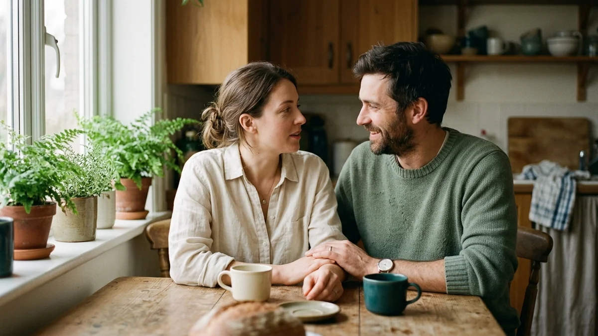 A man and a woman sit together at a kitchen table in morning light, talking gently