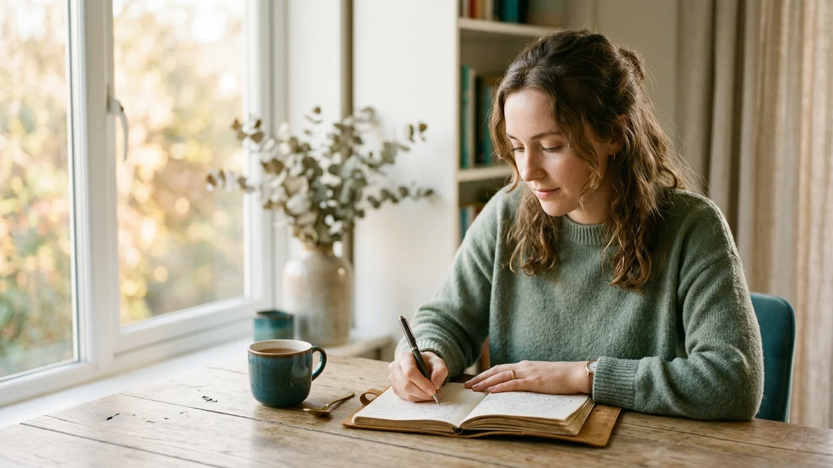 Person writing in a journal at a wooden desk in warm morning light