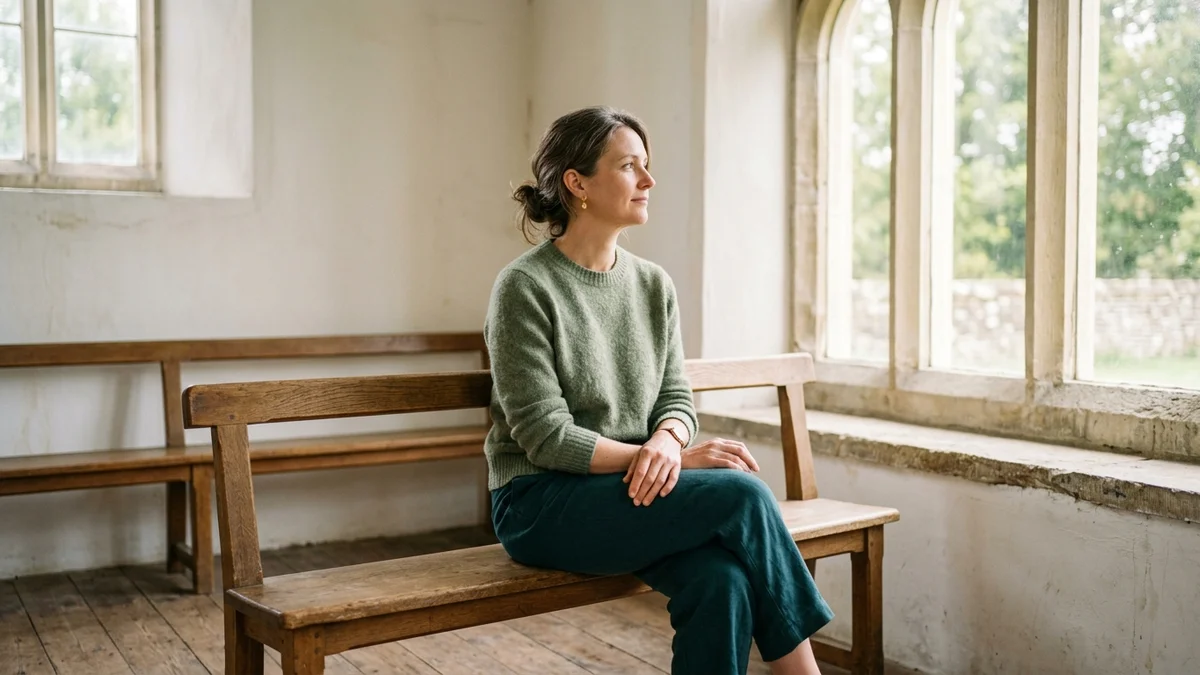 A woman sits quietly on a wooden bench in a sunlit room, looking toward the light