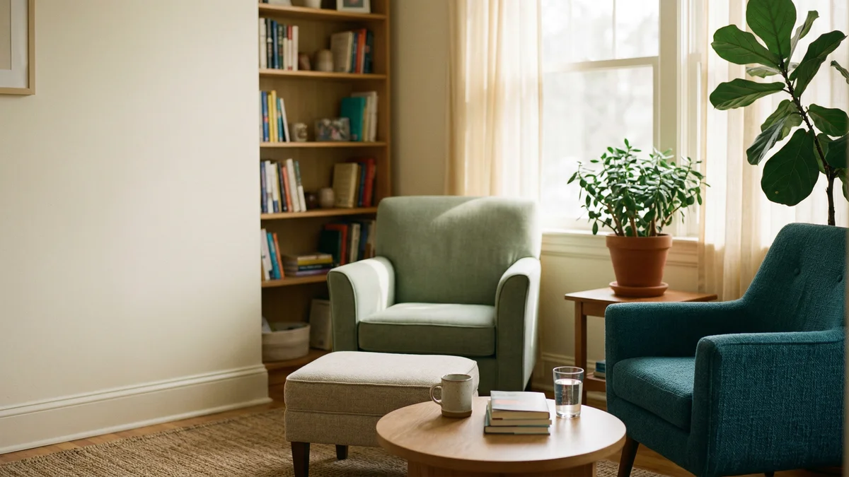 Warm therapy office with two armchairs in soft afternoon light