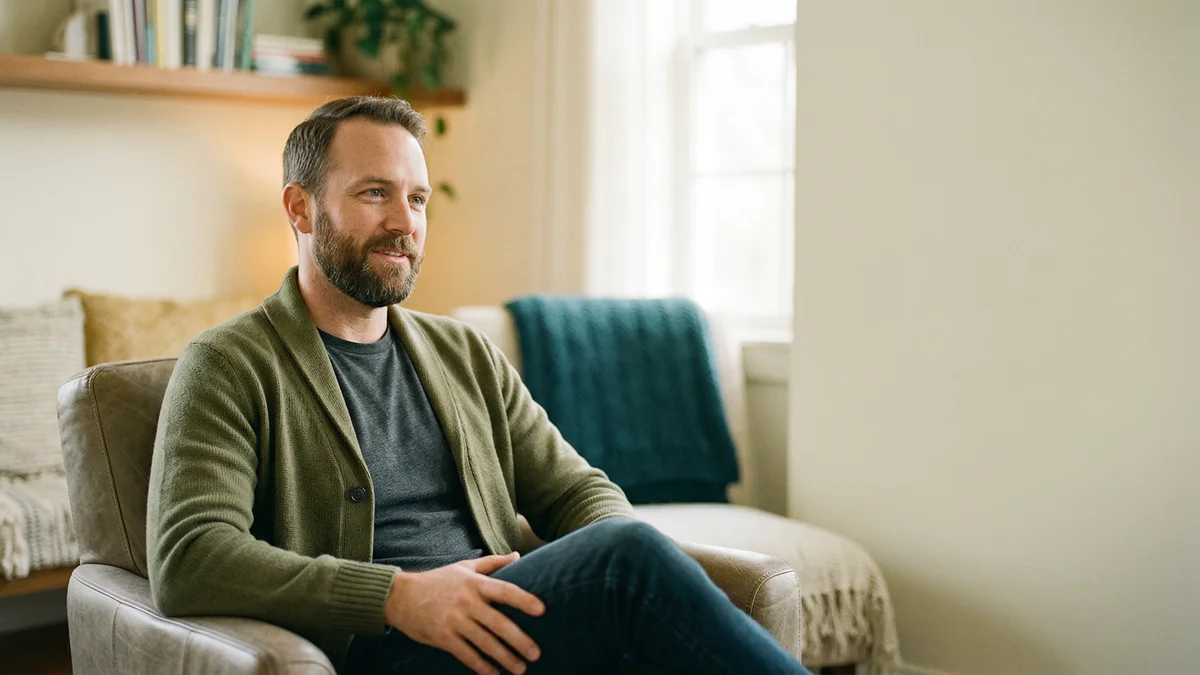 Man sitting comfortably in a warm room with an open genuine expression