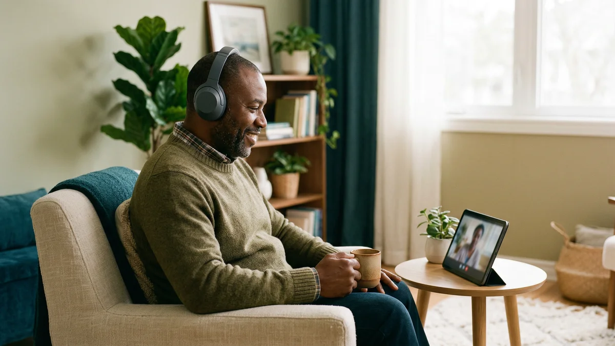 Man in an armchair with headphones engaged in a warm video session