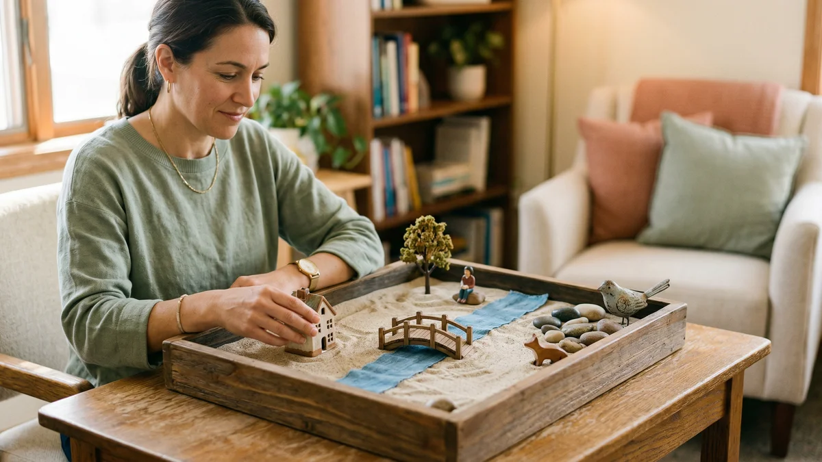 Sandtray therapy scene with figurines in warm natural light