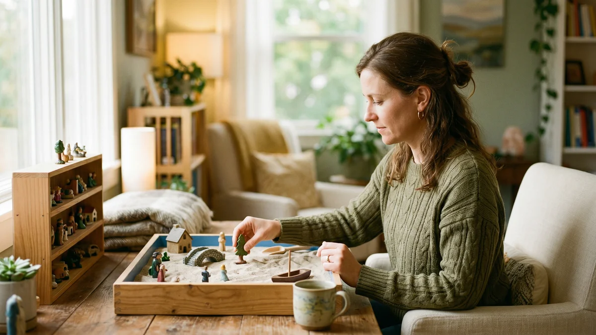 Person at a sandtray table in a warm therapy room with natural light