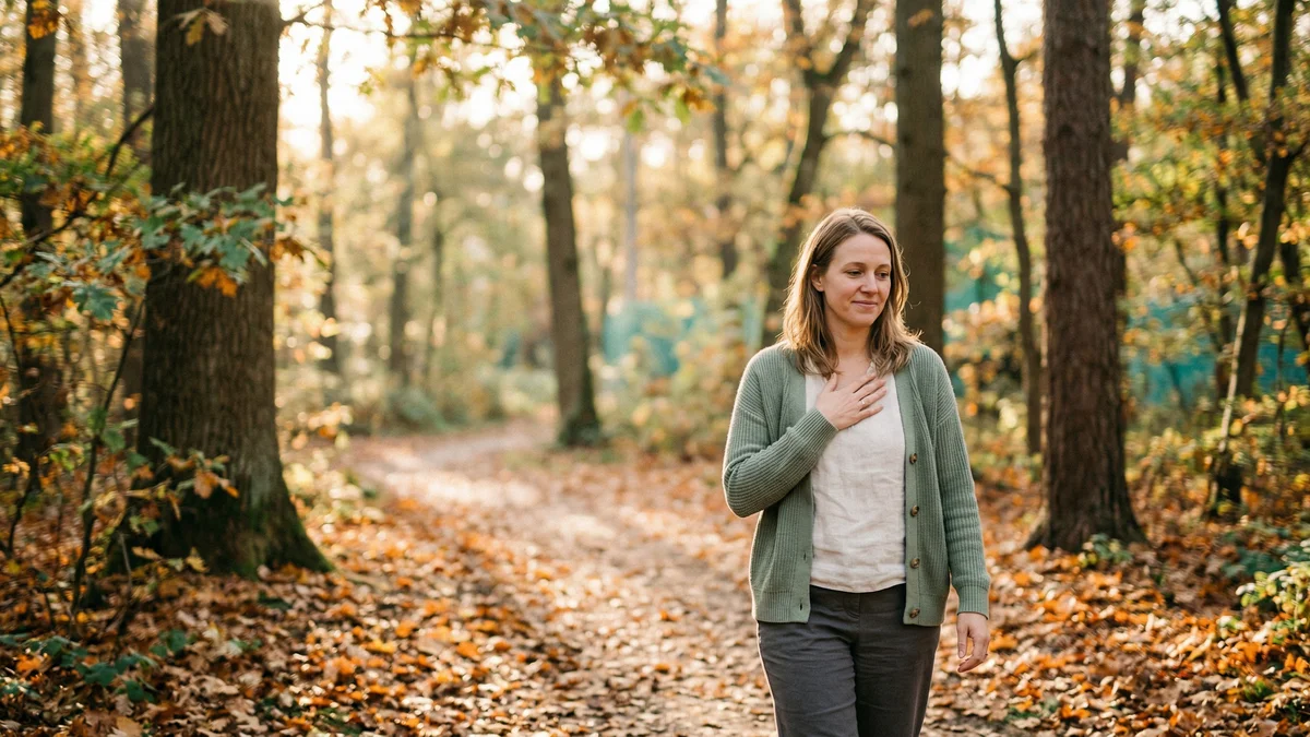 Person walking through a quiet autumn forest path in golden light