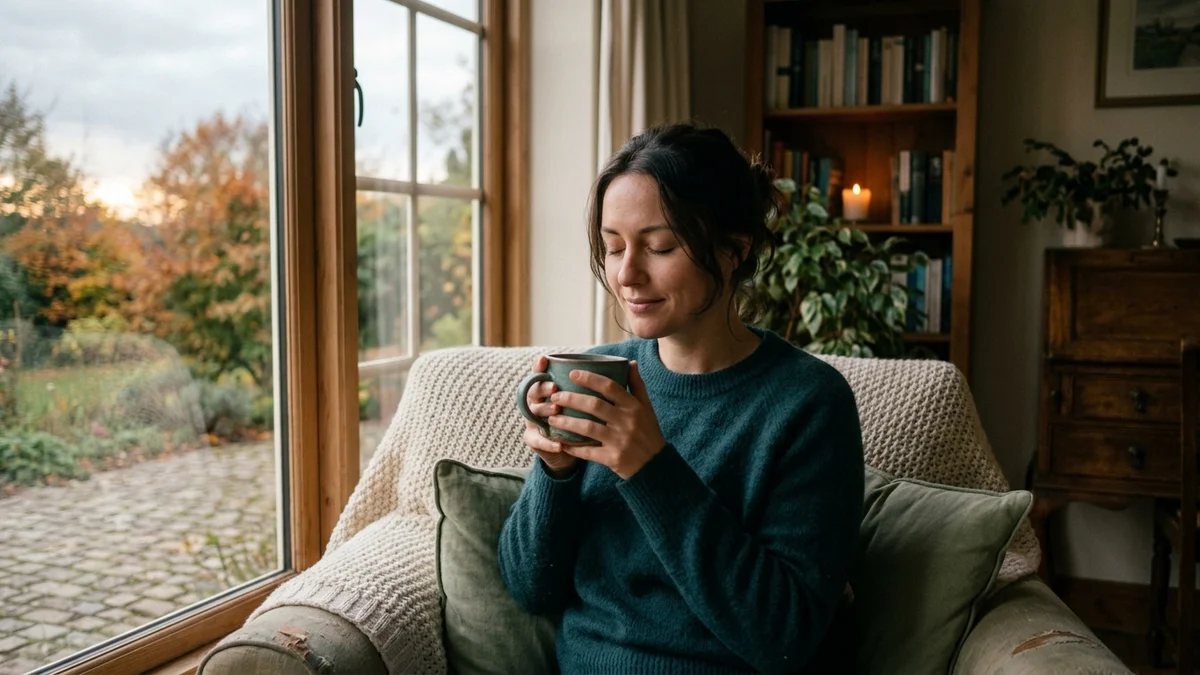 A woman sits by a window on an autumn evening, holding a mug of tea and taking a slow breath