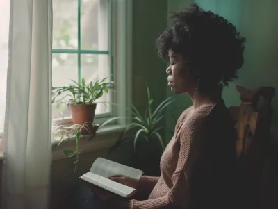 Person in peaceful reflection with scripture