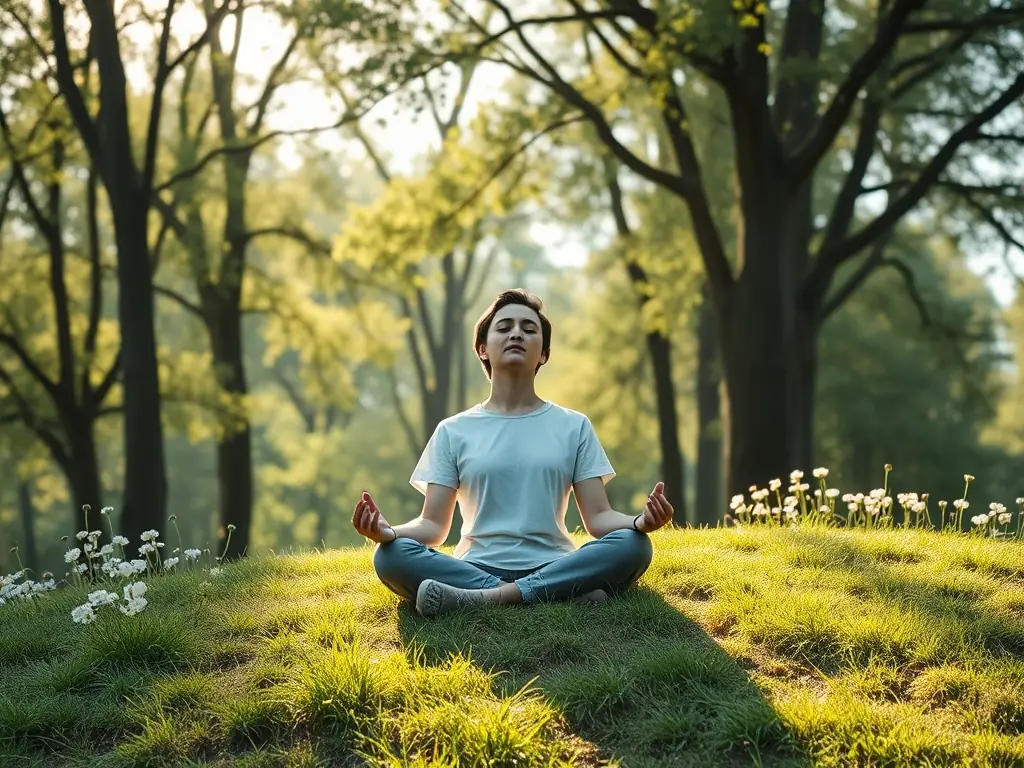 A serene image of a person meditating outdoors with sunlight filtering through trees, symbolizing peace and calm, representing Graceway Wellness's anxiety treatment services.