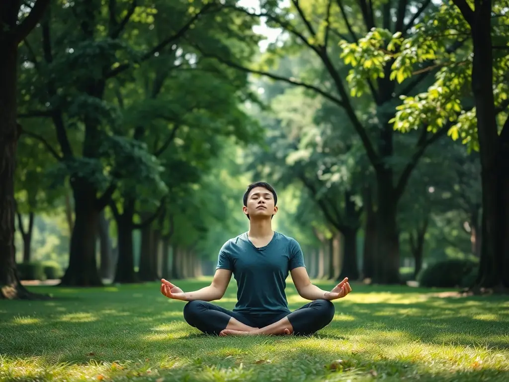 A serene image of a person meditating outdoors with sunlight filtering through trees, symbolizing peace and calm, representing Graceway Wellness's approach to anxiety treatment.