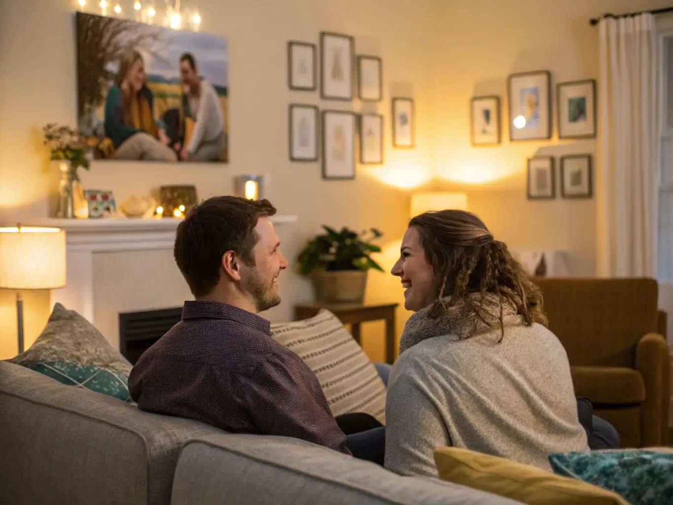 A warm and inviting image of a couple holding hands and smiling at each other during a therapy session, symbolizing connection and understanding.