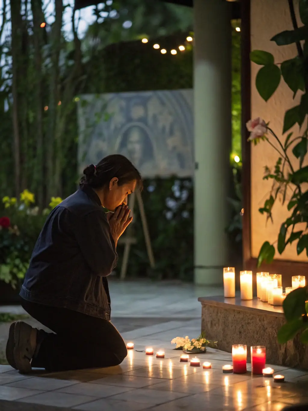A peaceful scene of a person praying or reflecting in a serene natural setting, symbolizing hope and healing.
