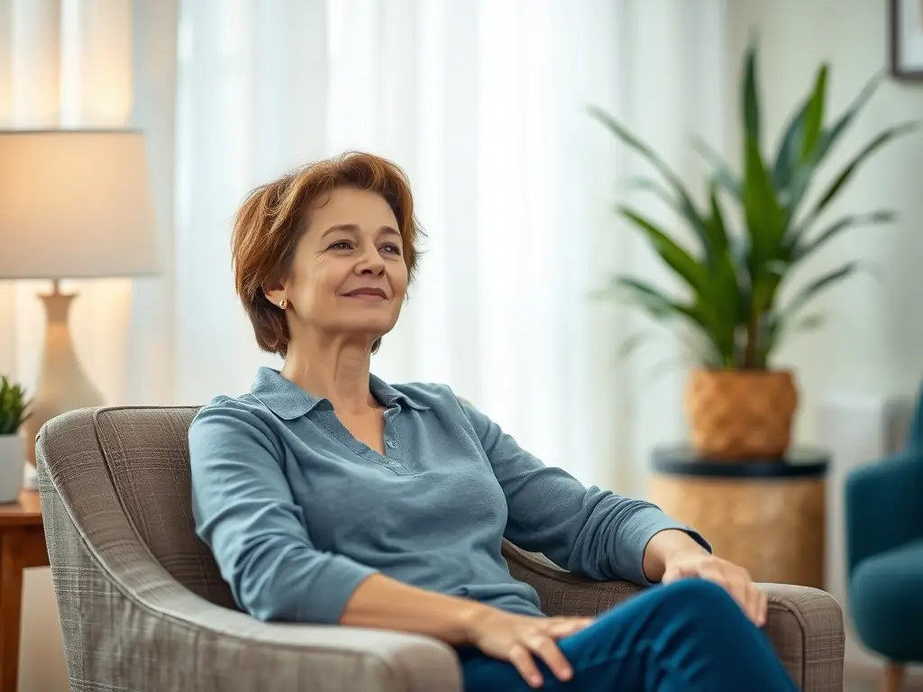 A serene image of a person sitting in a comfortable chair in a therapy session, bathed in soft, natural light, conveying a sense of peace and openness.